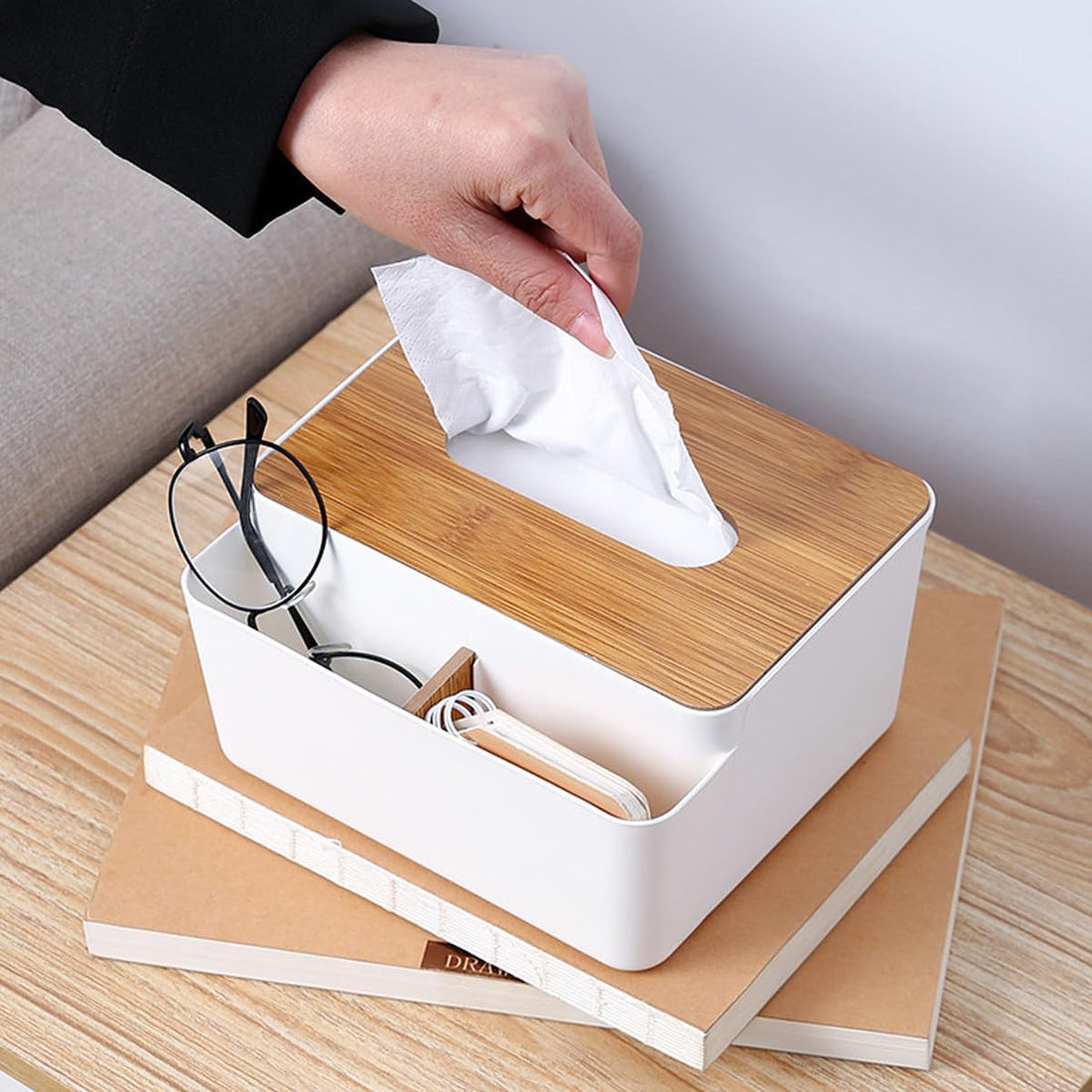 ALMEKAQUZ Multifunctional Storage Tissue Box with Lifting Shrapnel, Nightstand Desktop Car Organizer with Remote Control Holder and Belongings Holder, White (SMALL)