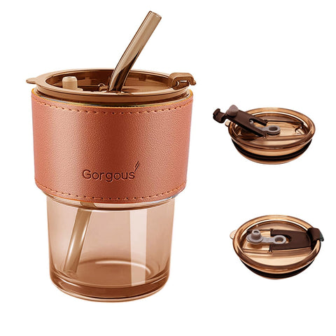 Drinking Glasses with Lid and Straw, 30 oz / 400 ml Glass Cup with Leather Sheath - Reusable Glass Smoothie Cup Coffee Mug with Straw for Juice, Coffee, Water, Tea - Brown