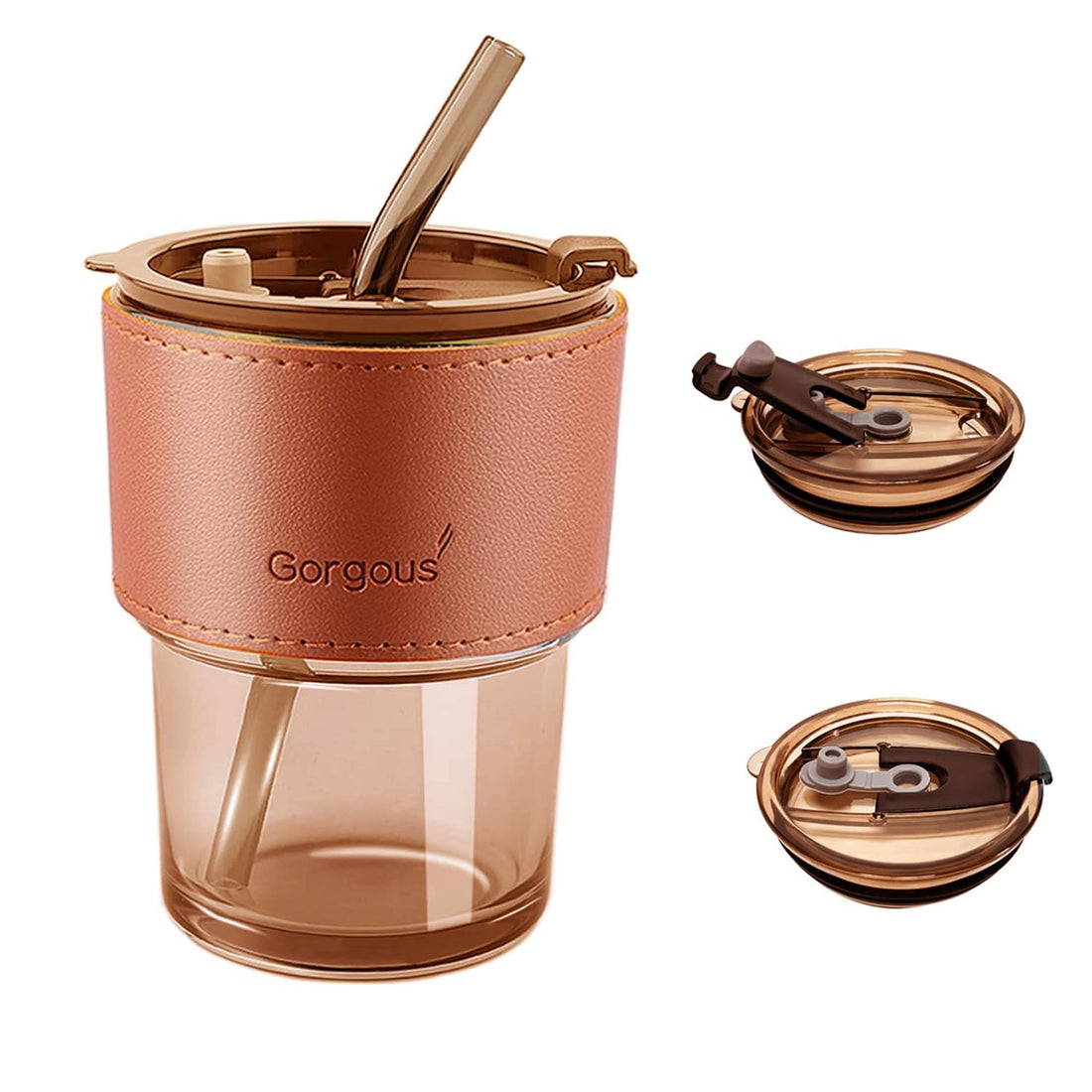 Drinking Glasses with Lid and Straw, 30 oz / 400 ml Glass Cup with Leather Sheath - Reusable Glass Smoothie Cup Coffee Mug with Straw for Juice, Coffee, Water, Tea - Brown