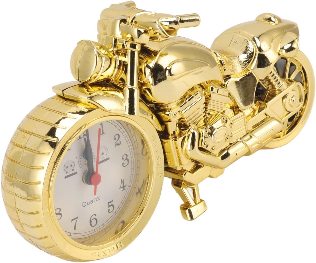 Retro Bike Clock - Antique Style Alarm with Golden Accents, Ideal Desk, Battery Powered Present for Motorcycle Lovers Seeking Nostalgic Home Decor Items (Gold/168D)