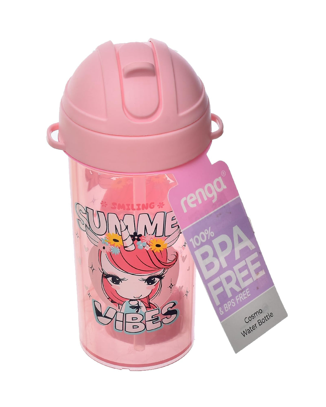 Renga Cosmo Plastic Water Bottle with Straw 415 ml Pink