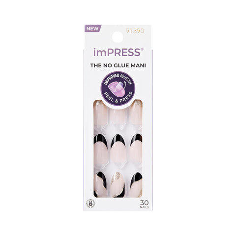 KISS imPRESS No Glue Mani Press-On Nail French 'Illusion' Dark Neutral + Black Tip French Medium Size, Almond Shape, with 30 Nails Prep Pad, Instruction Sheet, 1 Manicure Stick, 1 Mini File