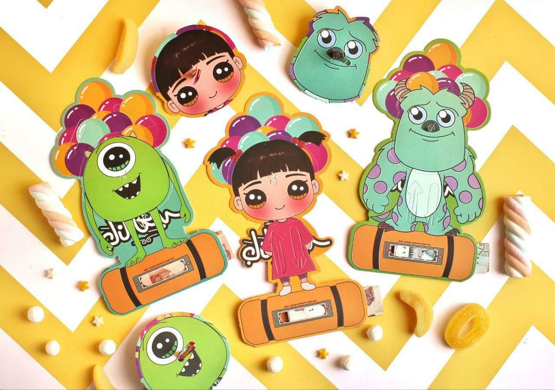 Greeting card with a tube envelope for Eid gifts, featuring detachable character heads that can be reattached like a spinning top toy. 3 cards with 3 Monsters, Inc. characters.
