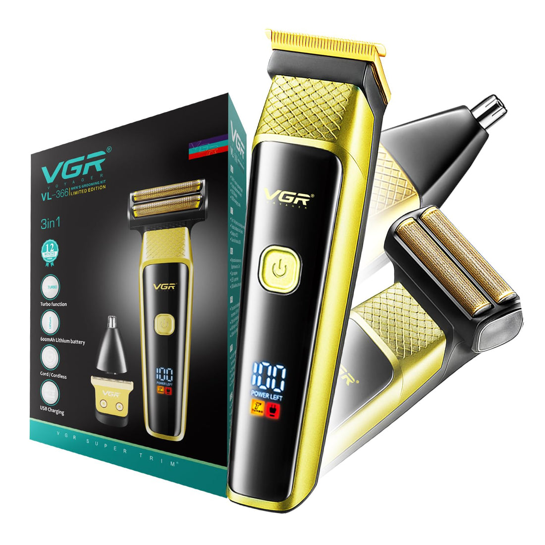 VGR VL-366 Limited Edition Professional 3 in 1 Grooming Kit with 600mAh Lithium battery, All in one Trimmer for Men, Suitable for Face, Nose, Ear & Body Grooming, 90 min Runtime (Gold) 1 Year Warranty