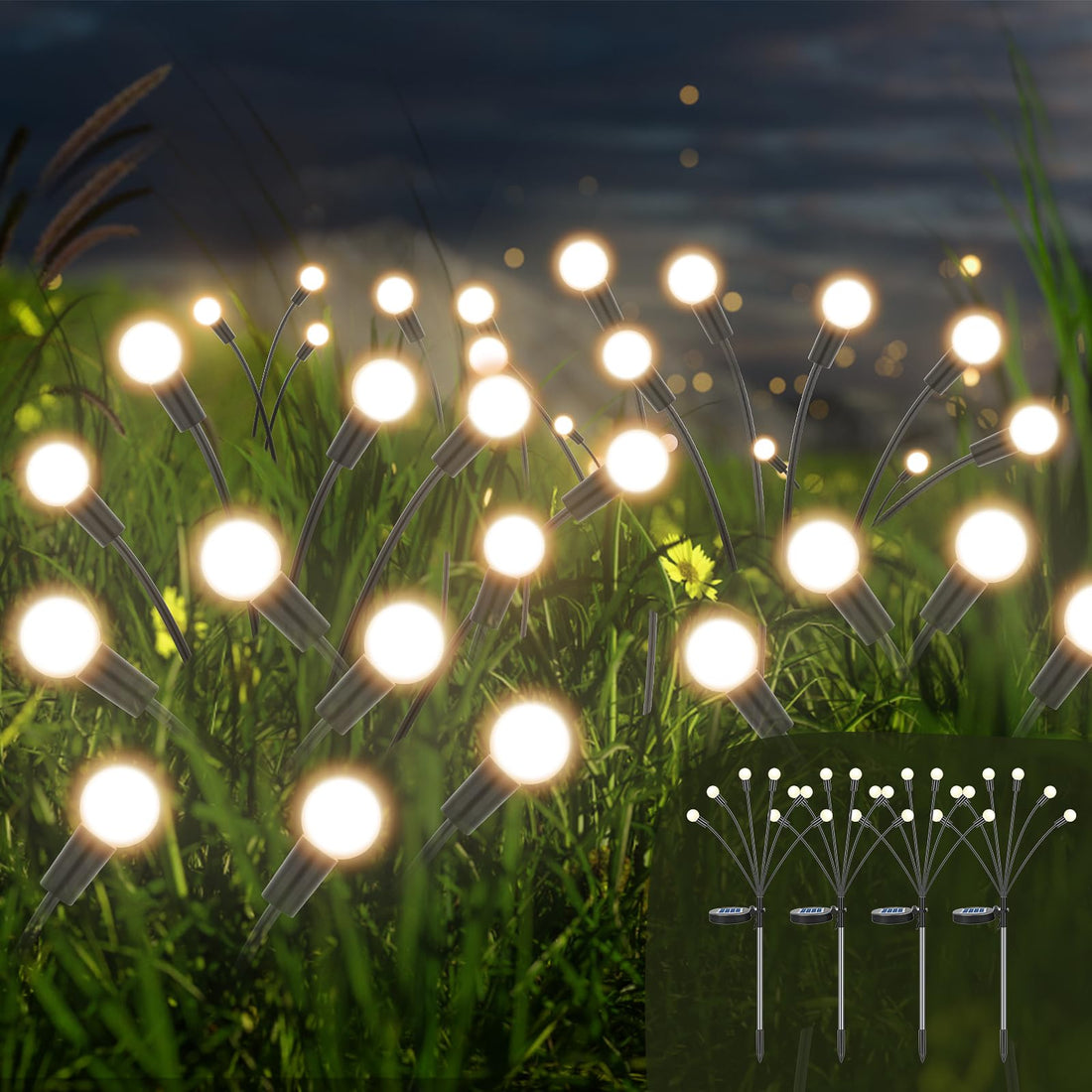 LWMTT Firefly Solar Garden Lights, Pack of 4 Firefly Lights, Waterproof Swinging Garden Lights, Swinging Solar Pathway Lights, 24 LED Solar Lights for Garden, Outdoor, Yard Decorative