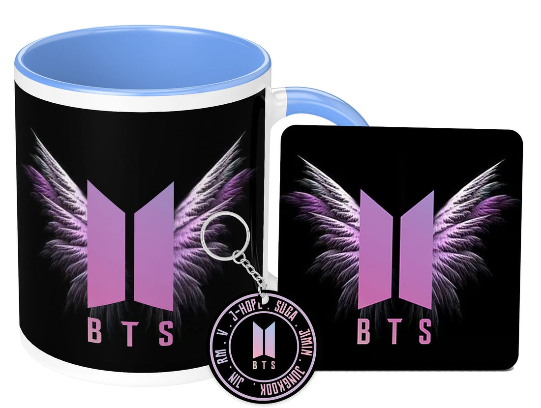 NH10 DESIGNS BTS Printed Mug, BTS Coaster & BTS Keychain Gift for Girls Boys Friends Birthday Gift Tea Coffee Mug 350ml, Music Band V Suga J-Hope Jungkook, (Pack of 3) (BNSBMCK7)