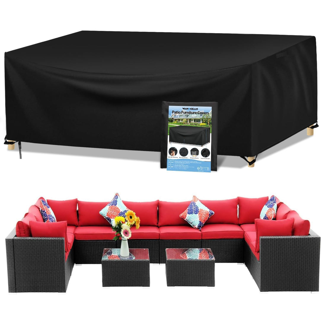 Wanocean Outdoor Patio Furniture Covers Waterproof, 137" L x 102" W x 35" H Outdoor Table and Chair Cover for Rain, UV, Snow and Dust, Extra Large Tear Resistant Patio Furniture Cover