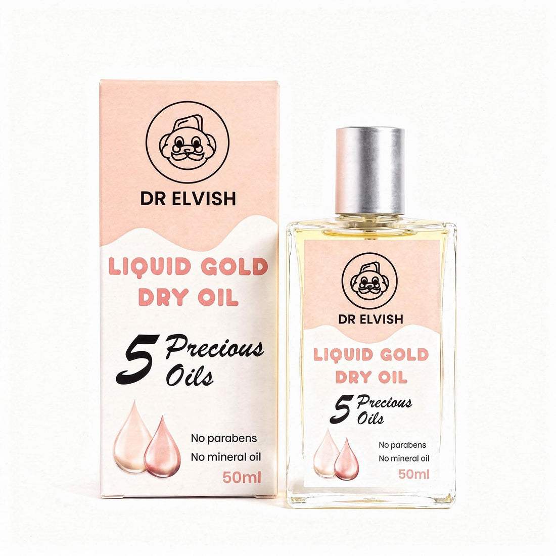 Dr. Elvish Liquid Gold Dry Oil 50ml – Lightweight Face & Body Dry with Argan & Coconut Oil & Vitamin E | Fast-Absorbing Non-Greasy Hydrating for Glowing, Soft & Smooth Skin | All Skin Types