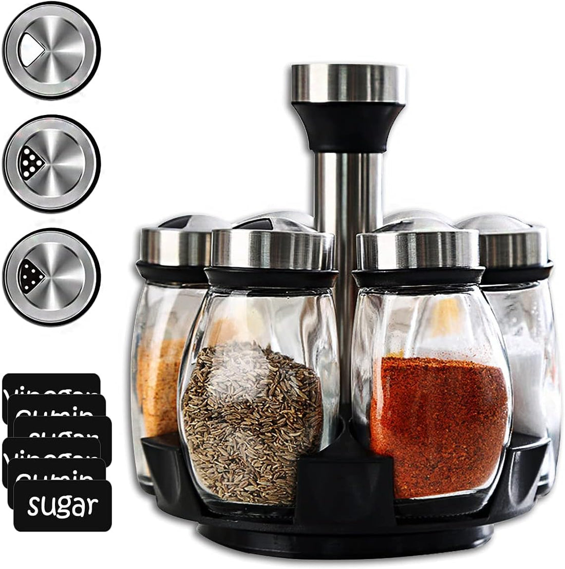 Rotating Kitchen Spice Rack Organizer - Set of 6 Glass Spice Jars with Stainless Steel Lids, 360° Rotating Spice Holder Spice Jar for Home Cooking