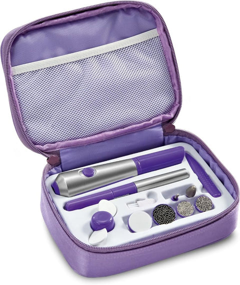 Professional Electric Manicure Set, Purple Travel Case, Portable Nail Care Kit with Storage Compartments, Battery-Powered Grooming Tools, Eyelash Curler Kit