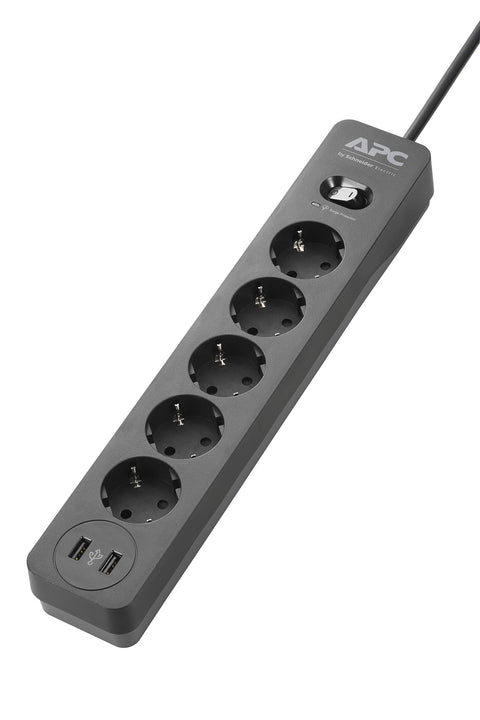 APC by Schneider Electric PME5U2B-GR Essential SurgeArrest Charger with 5 Outlets and 2 USB Ports, 230 Volt - Black