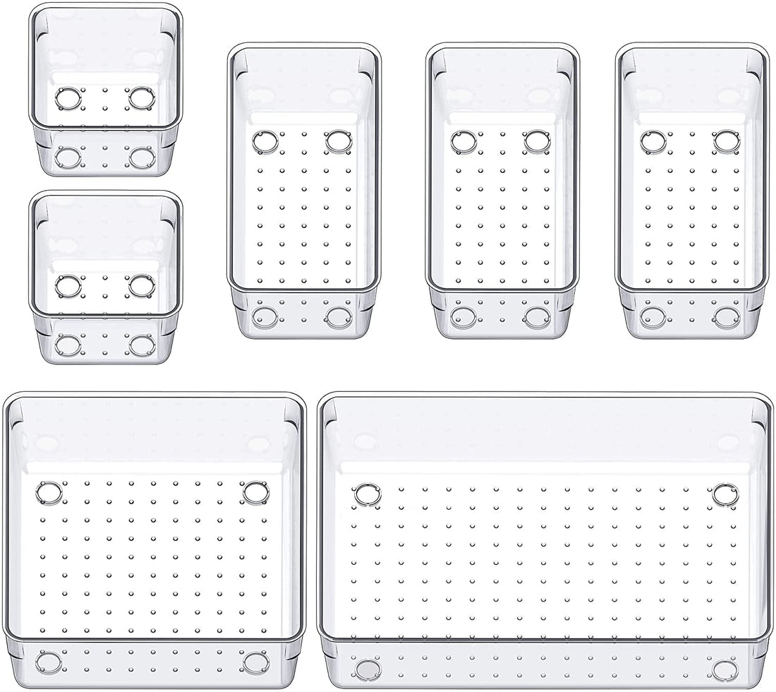 Desk Drawer Organizer Tray Bins 7 PCS, Clear Drawer Organizers, Vanity Organizers and Storage, Plastic Drawer Organizer for Makeup, Bathroom, Kitchen, Office (7 Pcs Set Mix)