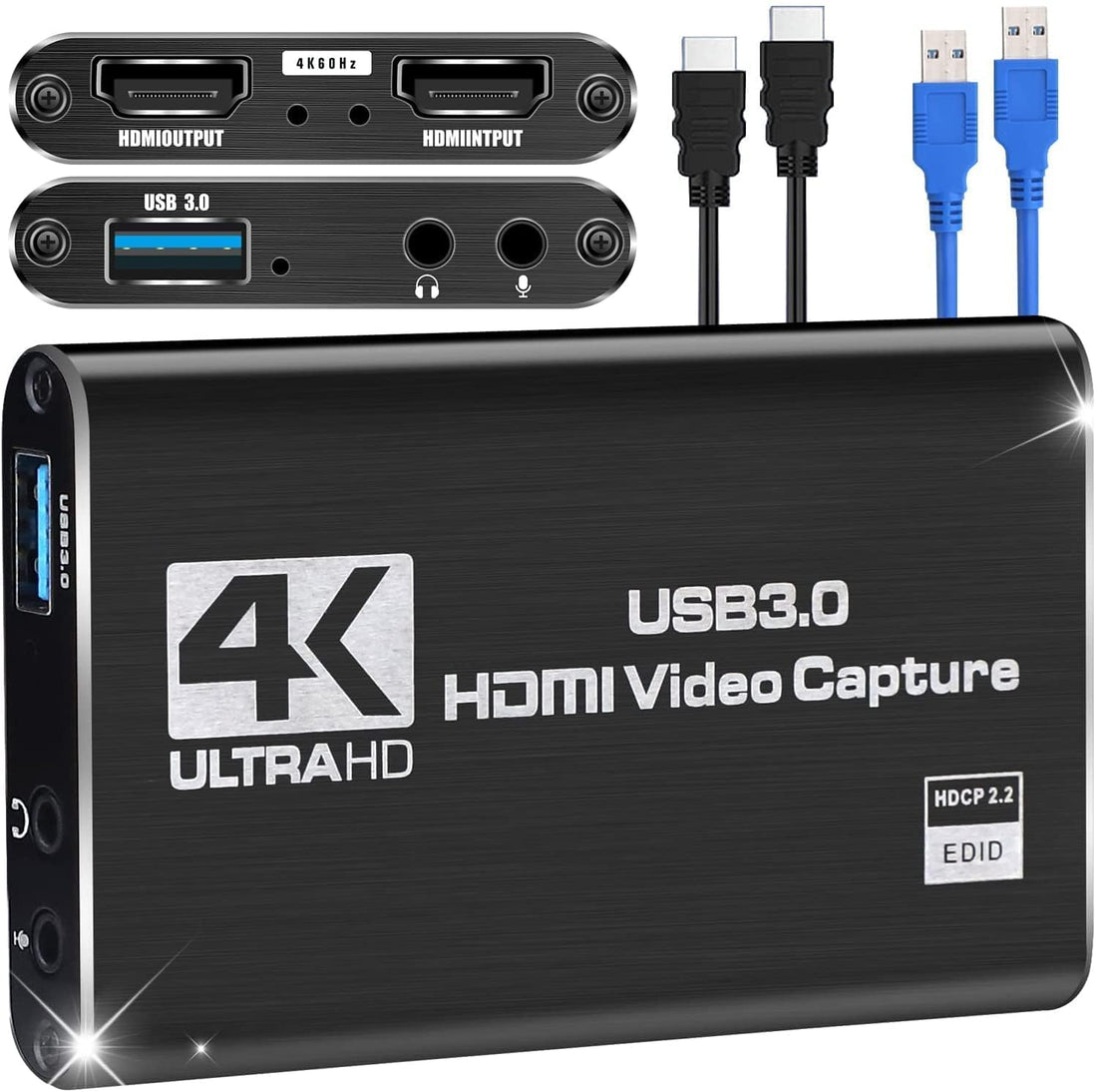 Game Capture Card, 4K USB 3.0 HDMI Video Capture Card with HDMI Loop-Out 1080P 60FPS Live Streaming Game Recorder Device, Compatible Windows Linux OBS OS X Twitch for PS3 PS4 - Black.