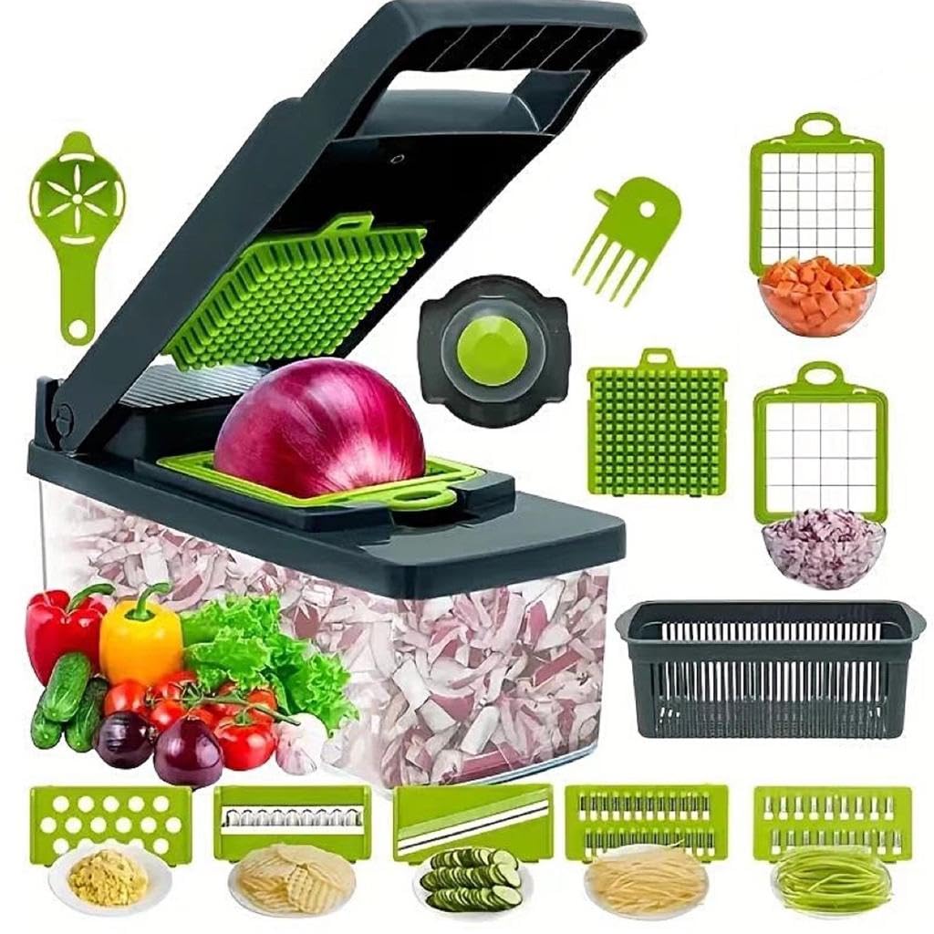 Vegetable Chopper, 14 in 1 Multifunctional Food Chopper - Onion Chopper, Vegetable Slicer with 8 Blades, Strainer Basket, Container for Salad, Potato, Carrot, Garlic
