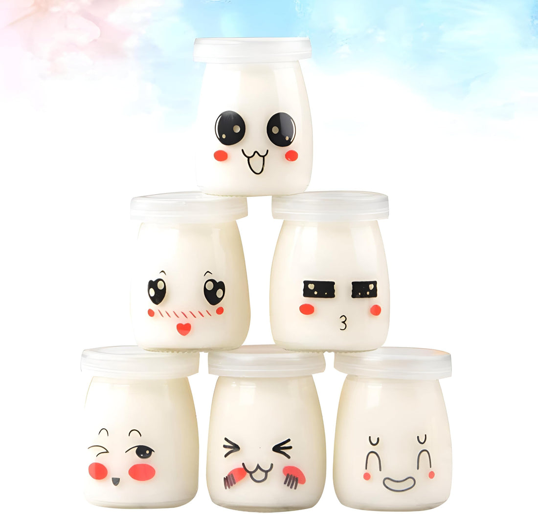 Dishwasher Safe Jars - Cute 200ml glass pudding bottles with emoji‑inspired lids, leak‑proof silicone sealing, set of six, perfect for yogurt, jam, jelly, mousse, or snacks.