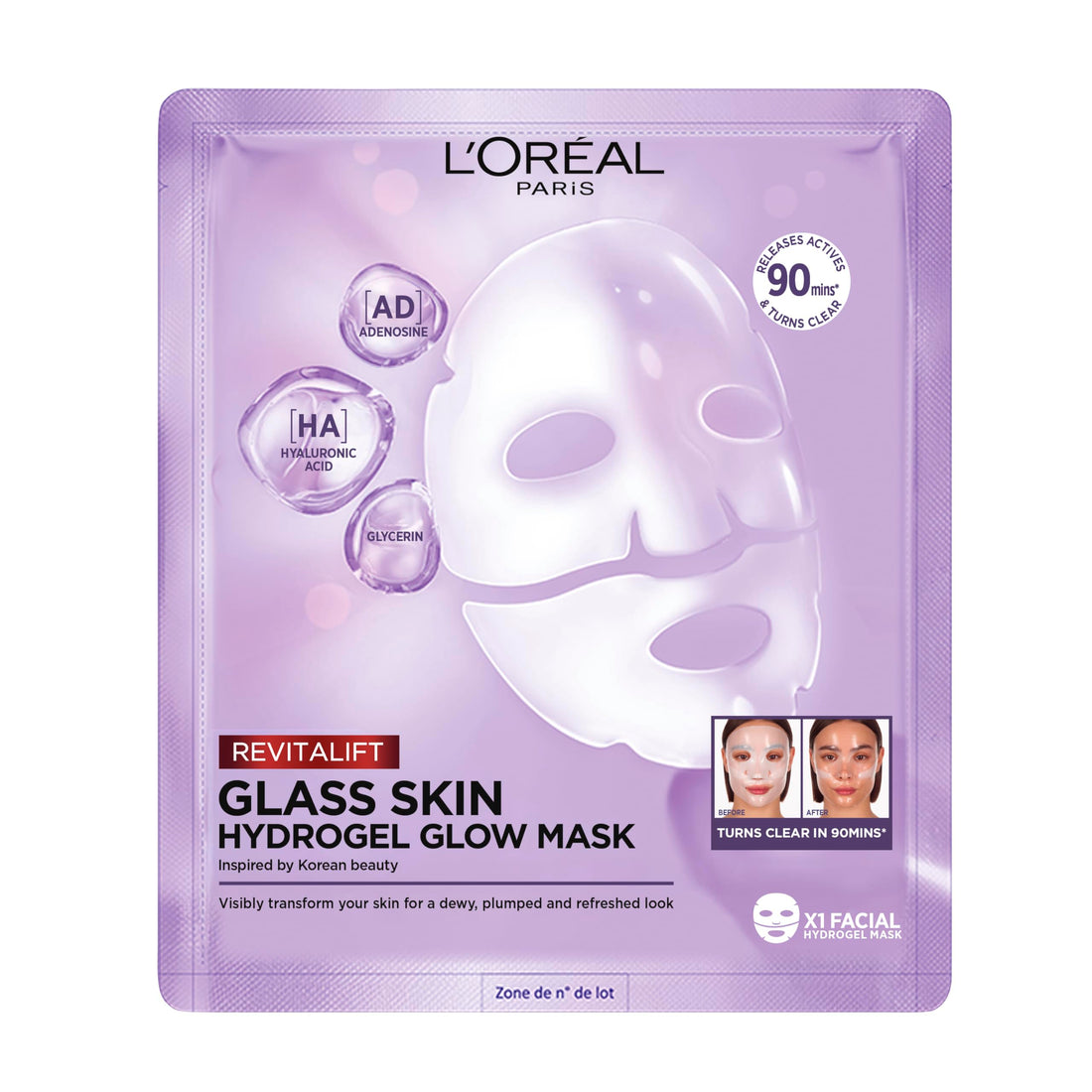 L'Oréal Paris Glass Skin Hydrogel Mask, for Plumped & Glowy Skin, Moisturising & Smoothing, [with Hyaluronic Acid, Glycerine and Centella Asiatica], Revitalift Filler, Single Mask 25 g