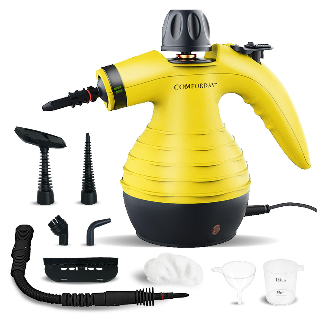 Comforday Hand Pressure Steam Cleaner with 9 Pieces Accessories, Perfect for Stain Removal, Curtains, Car Seats, Floor, Window Cleaning (Yellow), L