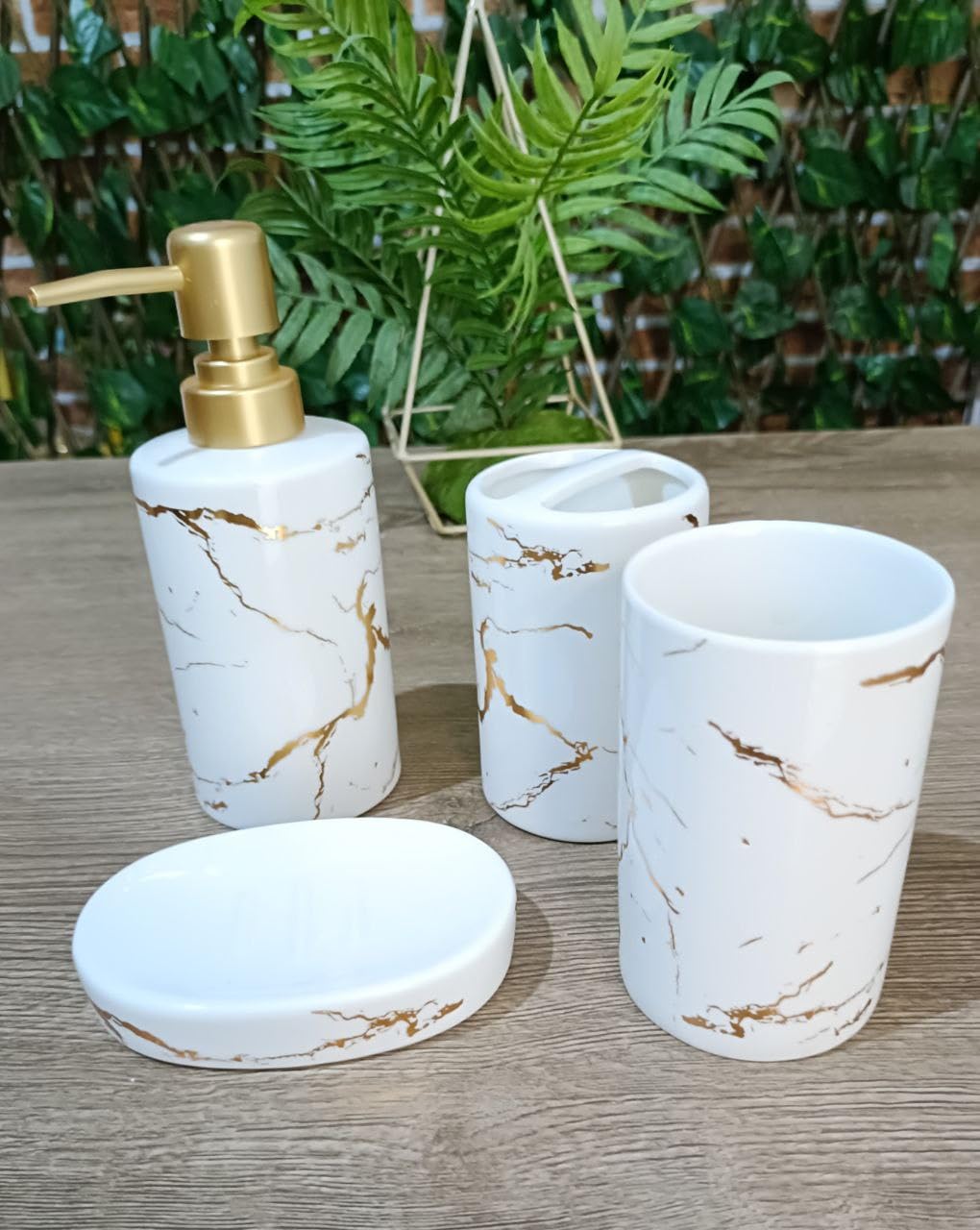 "High Quality Porcelain Marble Bathroom Set - Available in Black and White - Contains 4 Different Pieces: Dispenser, Soap, Toothpaste Organizer, and F Organizer - Generic