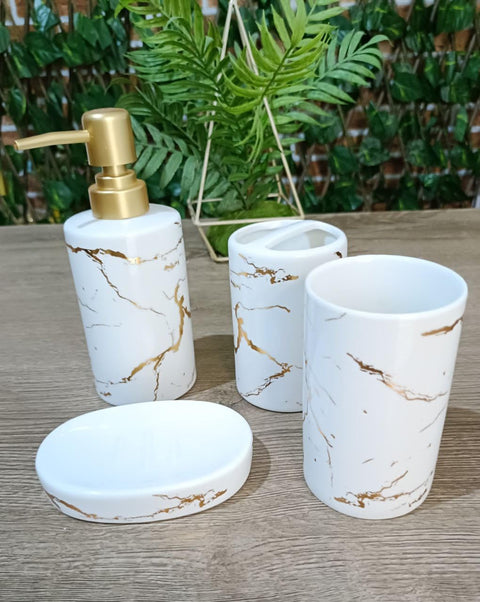 "High Quality Porcelain Marble Bathroom Set - Available in Black and White - Contains 4 Different Pieces: Dispenser, Soap, Toothpaste Organizer, and F Organizer - Generic