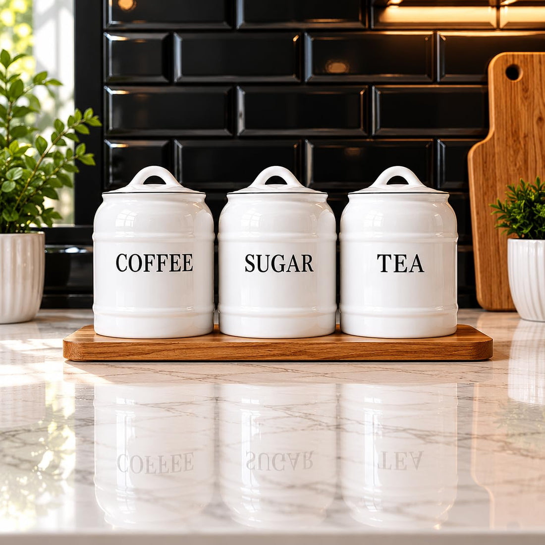 Kitchen Essentials I-Kea Porcelain Jars Set, Tabletop Canisters with Lid, Set Of 3 Canisters [ Coffee -Tea -Sugar ] Porcelain Canister Storage Set, White Nature Colour Spices Jars