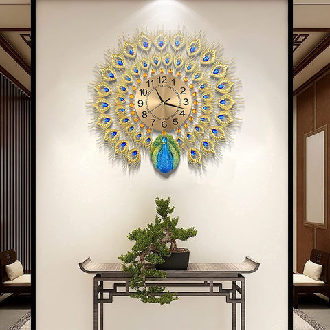 Large Peacock Analog Wall Clock Metal Non- Ticking Silent Wall Clocks 3D Wall Clock Wall Mounted Hanging Clock For Living Room Bedroom Decor || Multicolor