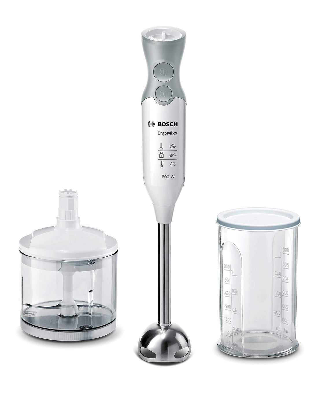 Bosch Electroménager - ErgoMixx MSM66120 Hand Blender – Ultra powerful blender for intense applications – 600 W power – Mini chopper included – Colour: White/Grey