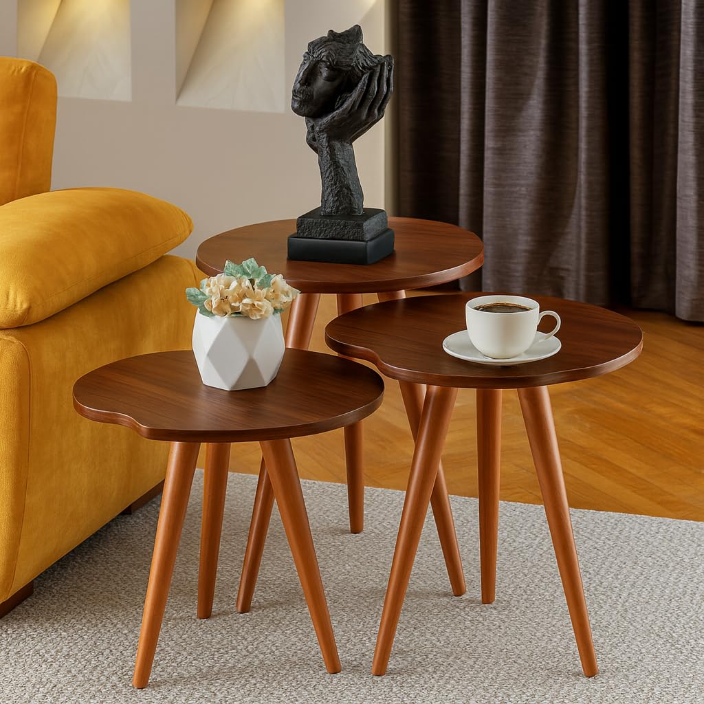 Set of 3 Wooden Nesting Tables – Dark Brown Flower-Shaped Tops with Tapered Legs – Elegant Side Tables for Living Room or Bedroom Decor