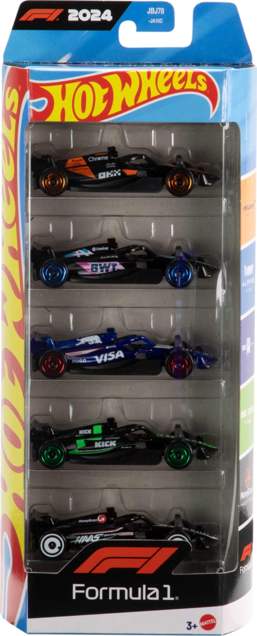 Hot Wheels Formula 1 (McLaren, BWT Alpine, Visa RB Cash App, Kick Sauber & MoneyGram Hass) 5 Vehicle Pack (JBJ78)