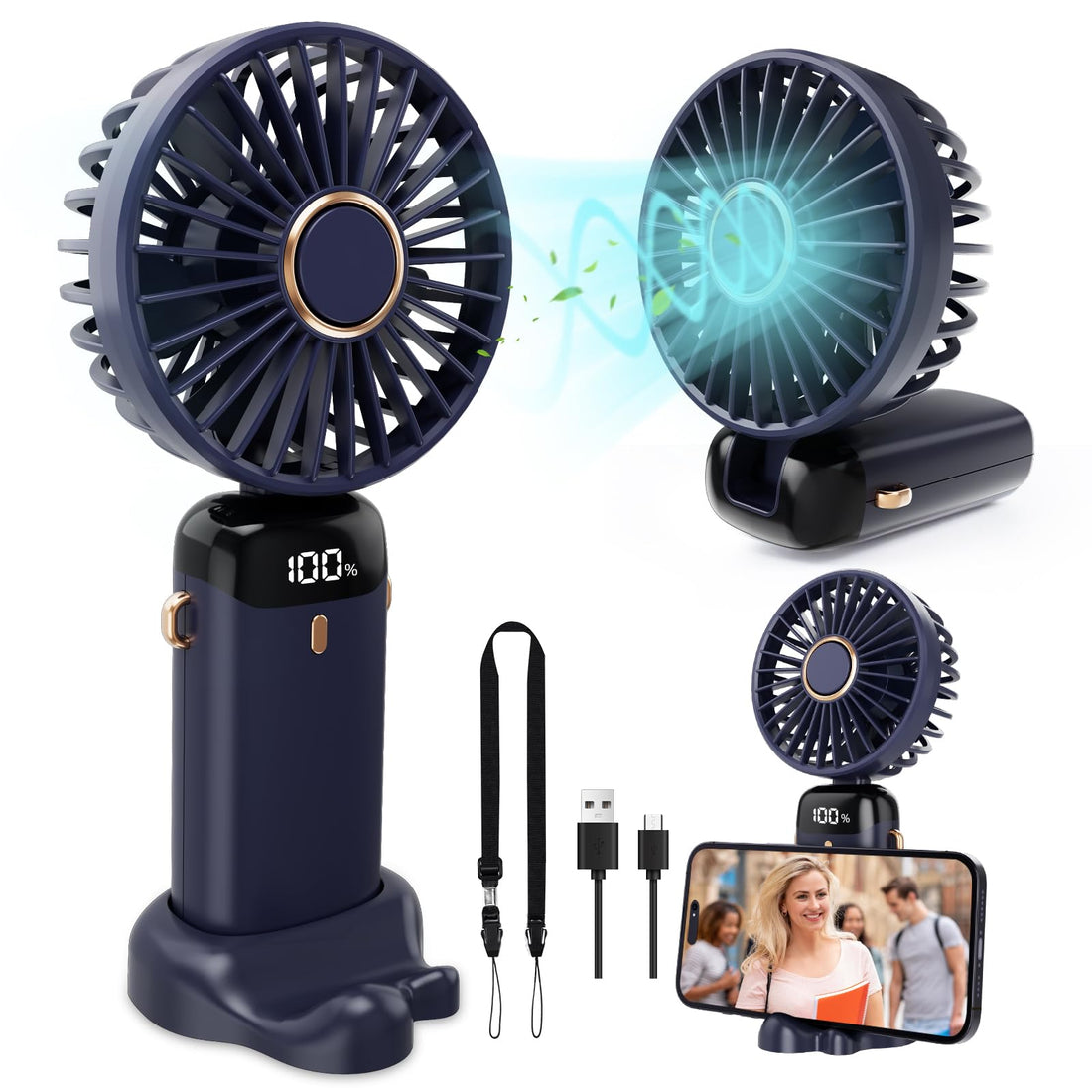 5 in 1 portable mini pocket fan, rechargeable with pink USB port with 5 speeds, silent and foldable mini hand fan, suitable for home, office, camping, travel and outdoor