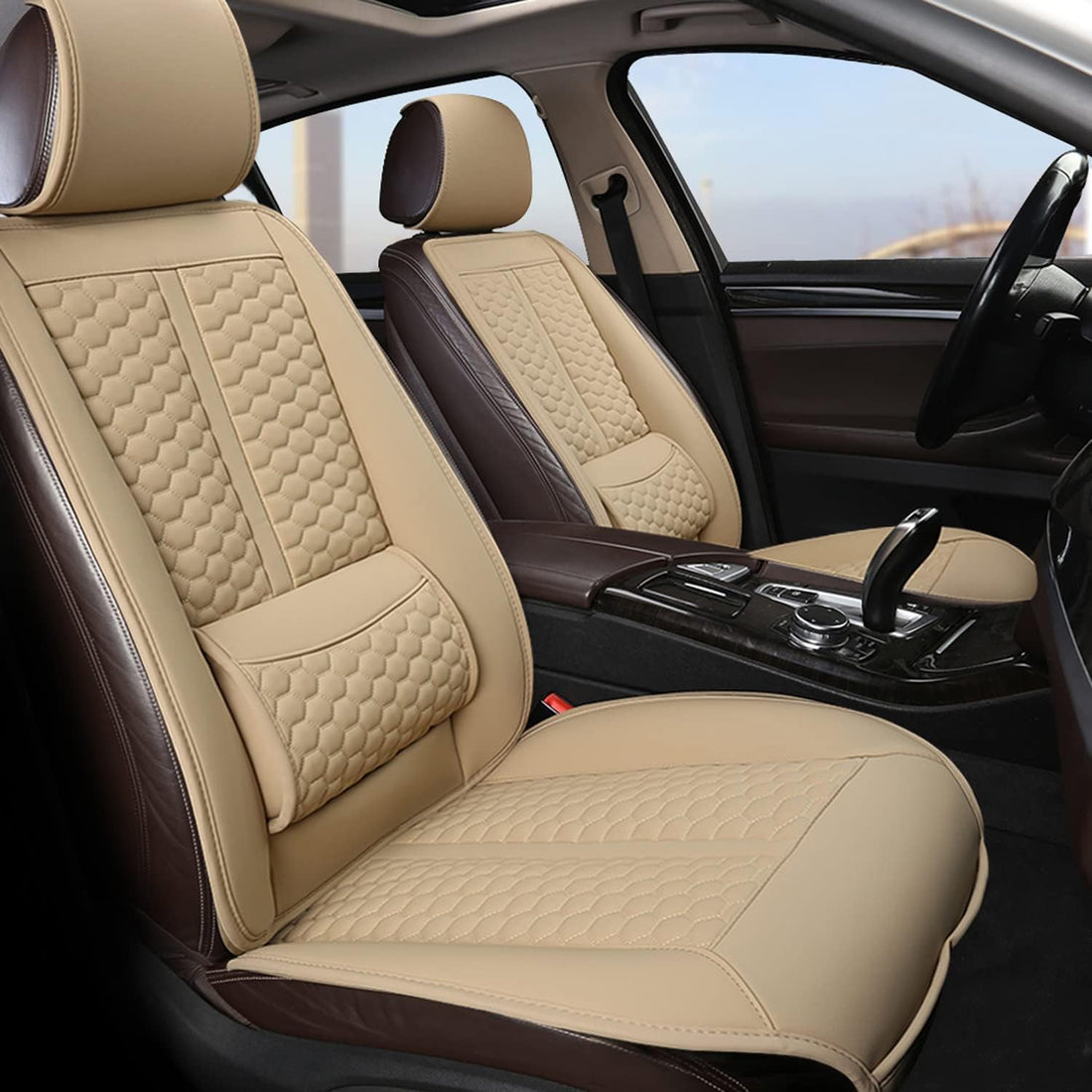 Assafco Car Seats Covers, 1 Pair Universal Sideless Driver Seat Protectors with Lumbar Support and Headrest Cover – Beige