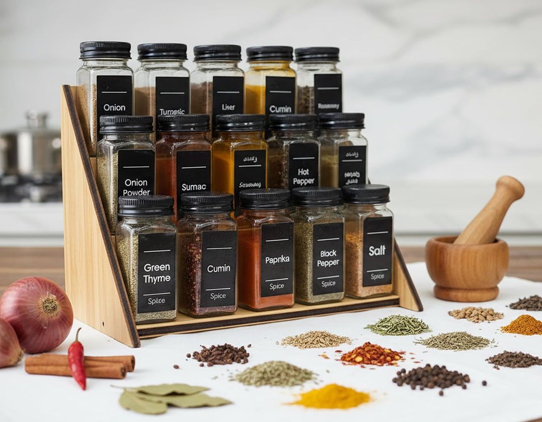 15-Piece Glass Spice Jar Set with Detachable Wooden Stand, Modern Kitchen Spice Organizer, Space-Saving Seasoning Storage