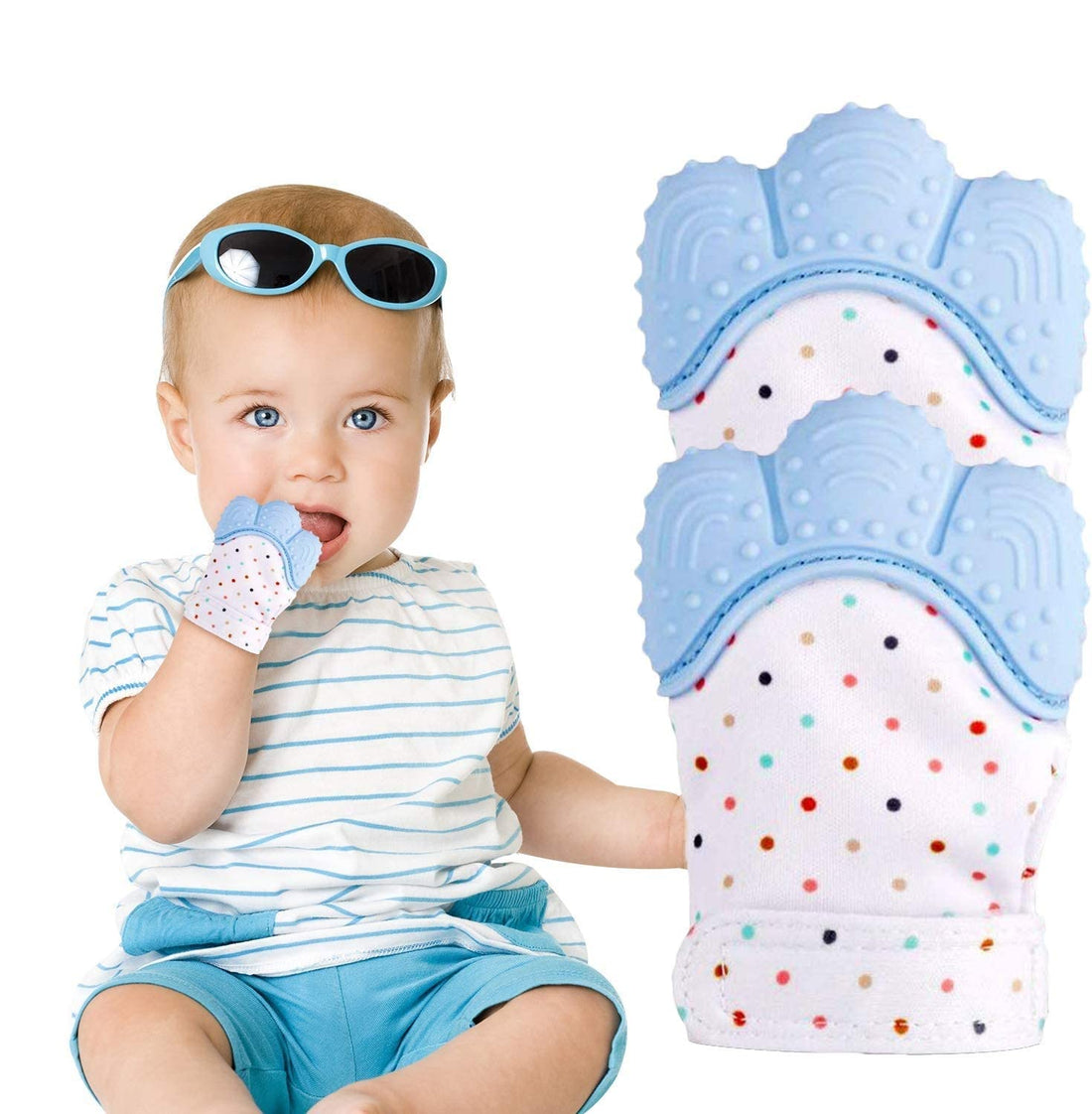 Vsell24 Baby Teething Safe BPA Free Chewable Self Soothing Mitten Hand Glove Blue 1Pair