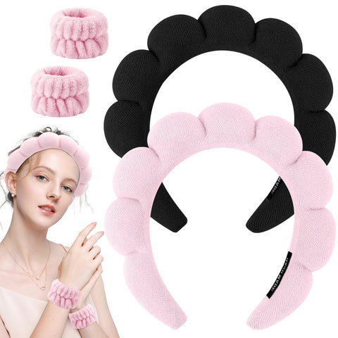 Spa Headband for Washing Face, Soft Makeup Headband and Wrist Washband Set Skincare Headbands, Terry Cloth Bubble Hairband for Women Gifts (Black+Pink)