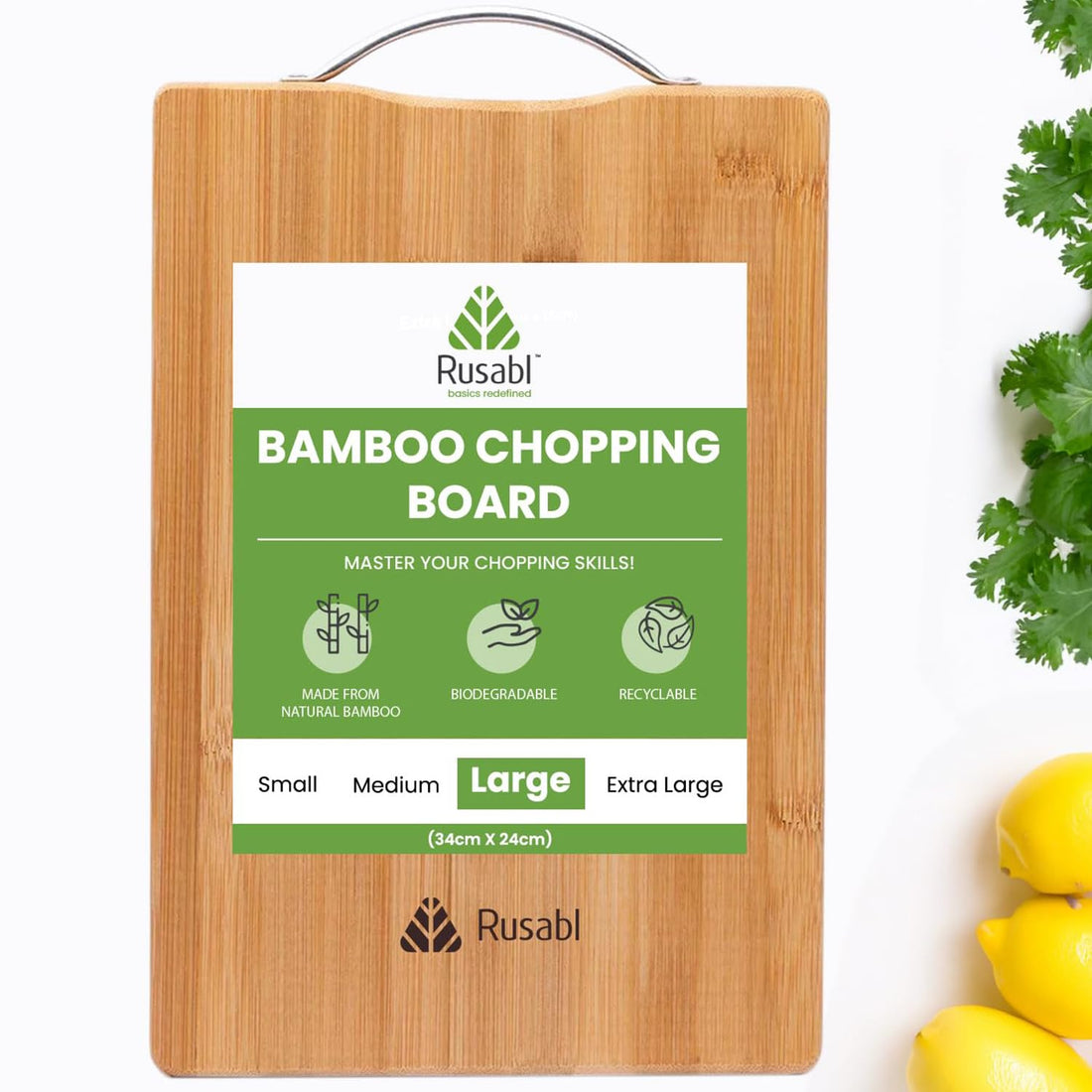 Rusabl Bamboo Wooden Chopping Board (34 X 24 cms, Large) for Kitchen with Metal Handle, Vegetable Cutting Board for Kitchen Items, BPA Free, Eco-Friendly, Anti-Microbial