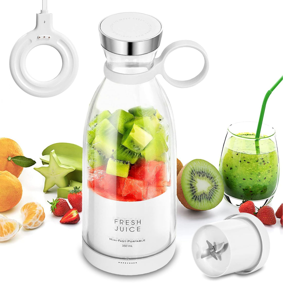 Personal Size Blender, Portable Blender,350ml Wireless Portable Electric Juicer， Battery Powered USB Blender，Mini mixer travel bottle, suitable for juice, milkshakes, and smoothies (White)