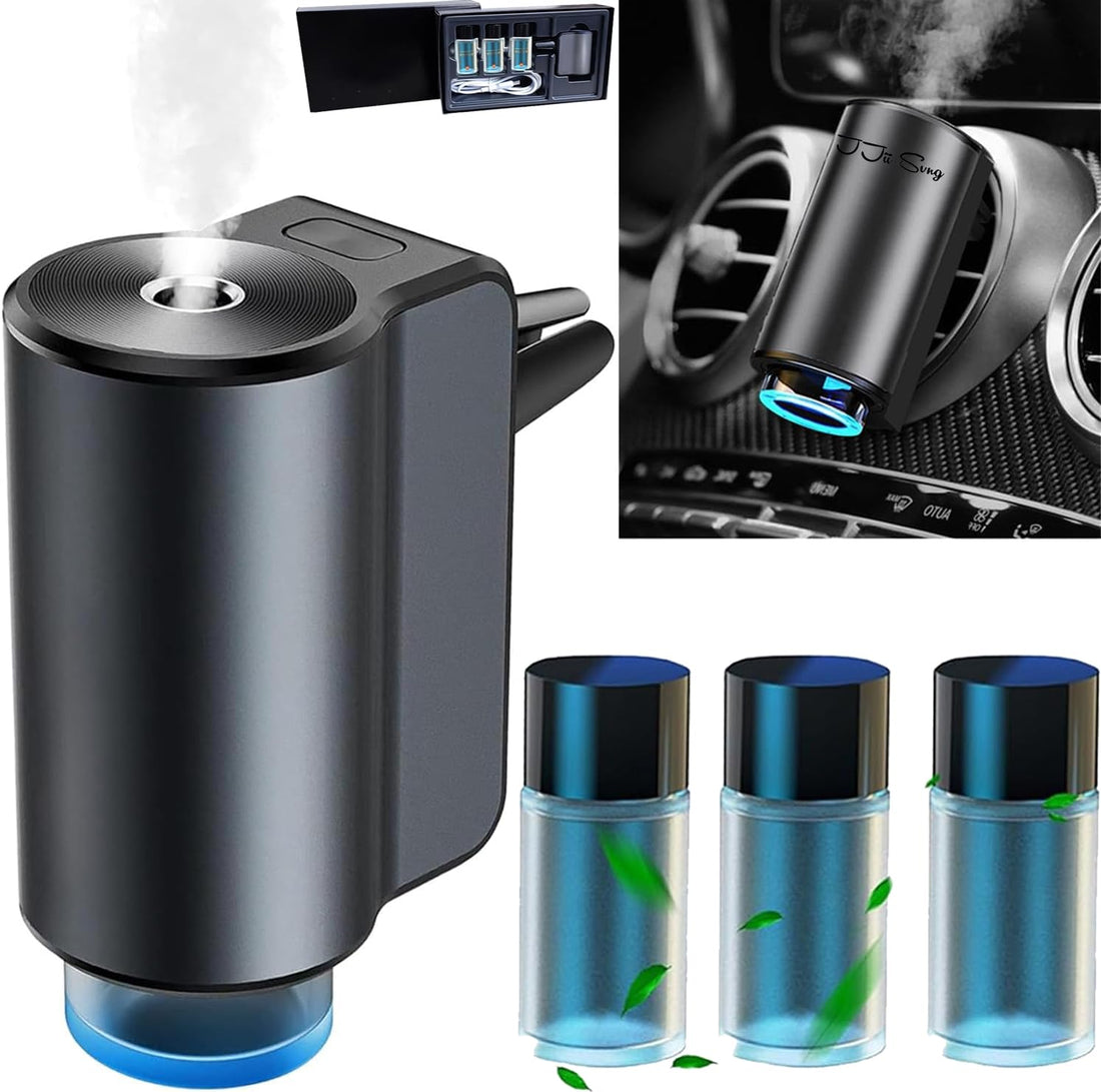 Electric Car Air Freshener with 3 Perfumes (Cologne/Chanell/Hiltonn), Ultrasonic Nebulizer, 3 Smart Modes, Auto On/Off, Built-in Battery, 30ml Fragrance