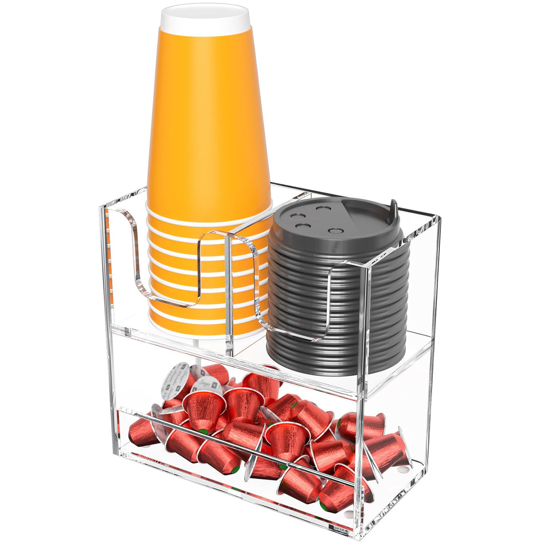 BEST MEDIA 3-Compartment 2-Tier Acrylic Cup Dispenser, Anti-Slip Coffee Station Organizer for Countertop Breakroom Bar, Paper Cup Lids & Condiment Storage Holder, Clear