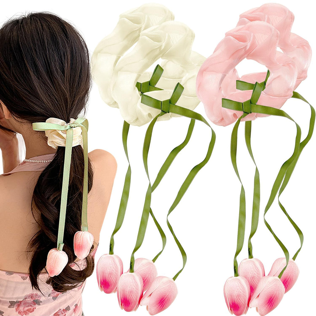 4 PCS Flower Hair Scrunchies,Tulips Large Scrunchies,Chiffon Hair Ties for Women Girls,Oversized Ponytail Holder Fluffy Hair Accessories for Thick Long Curly Hair