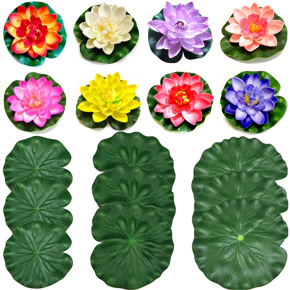 Floating Flowers, Pack of 8, Artificial Water Lilies, Floating Water Lilies, Artificial Lotus Flower, Foam, Water Lily Pond Decoration with 9 Lotus Leaves for Aquarium, Patio, Garden, Pond