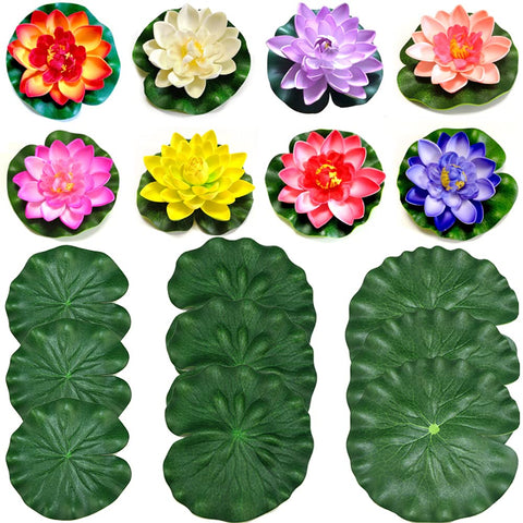 Floating Flowers, Pack of 8, Artificial Water Lilies, Floating Water Lilies, Artificial Lotus Flower, Foam, Water Lily Pond Decoration with 9 Lotus Leaves for Aquarium, Patio, Garden, Pond