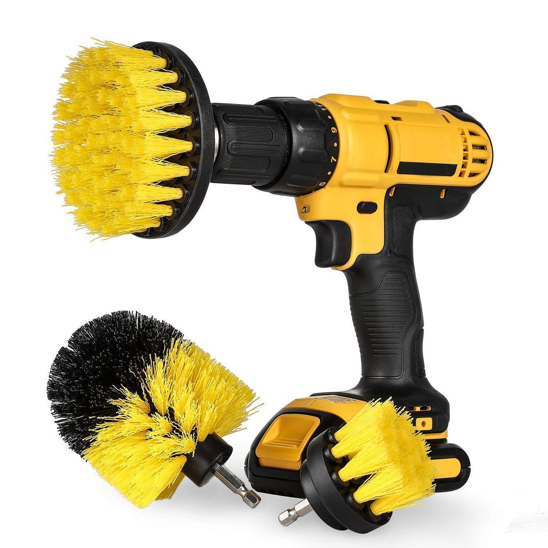 Drill Brush Car Washing and Detailing Power Brush Kit with Long-Reach Removable Extension Auto Care Set Includes 3 Different Size, Replaceable, Soft White Scrubber Brushes with Quick Change Extender f