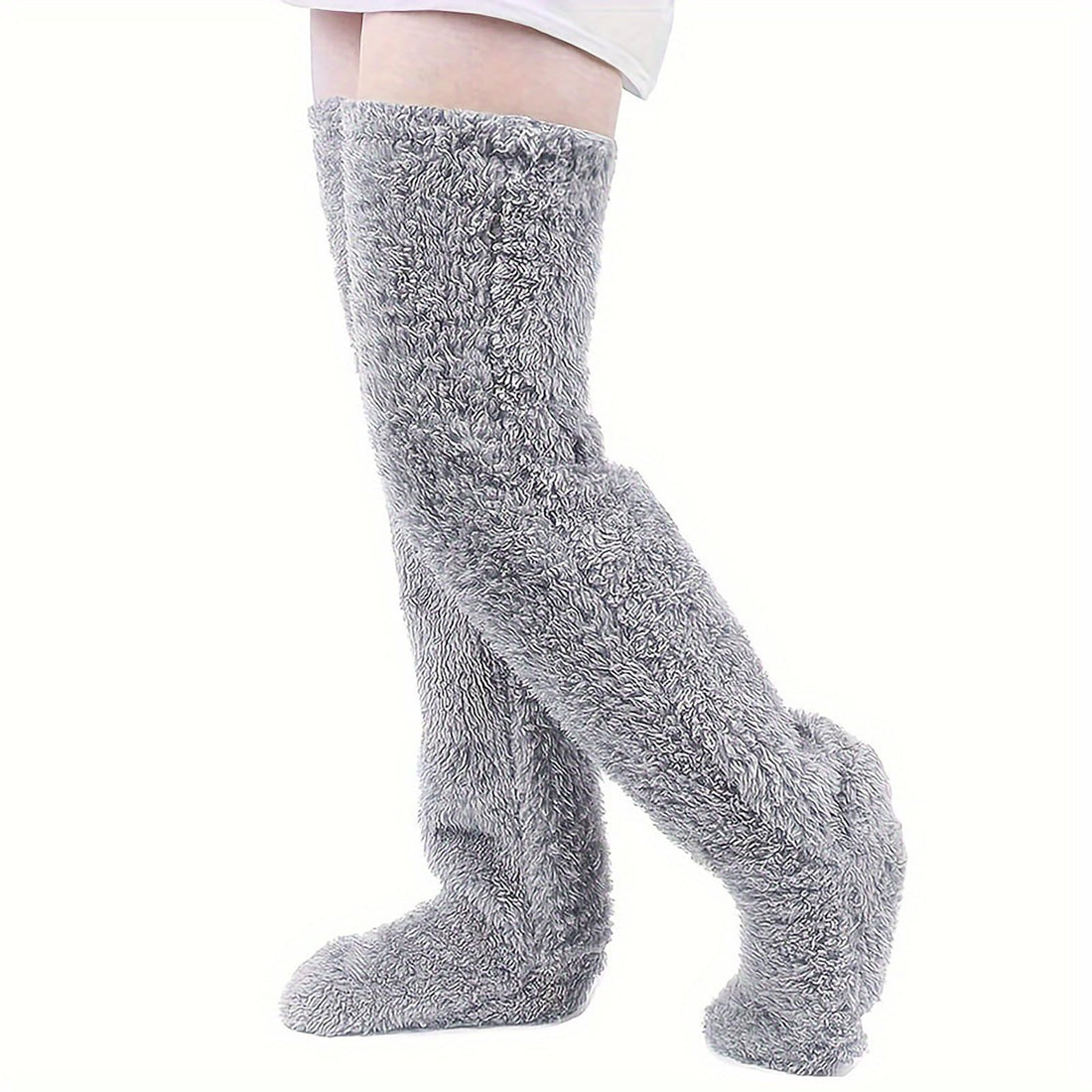 ZNDFTW Long Fluffy socks, Winter Plush Over Knee Socks, Cozy Socks Knee High, Thermal Socks, Sock Slippers, Over Knee High Fuzzy Socks (UK, Alpha, One Size, Regular, Tall, Light Gray)