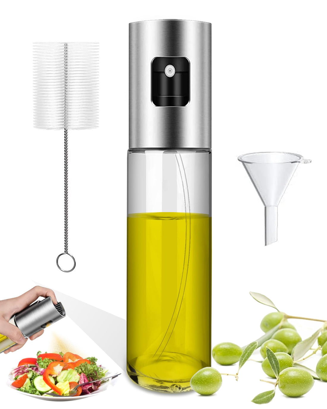 Uqy Oil Nebulizer, Oil Sprayer for Air Fryer, BBQ, Kitchen, Salad - 100 ml, Portable, Reusable, Glass, Stainless Steel, Easy to Use, Transparent Design