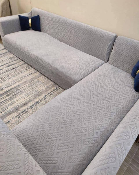 Generic L-Shaped Corner Sofa Cover, Grey, Velvet Interlock, 2 Pieces, Fits up to 6 Metres, .br