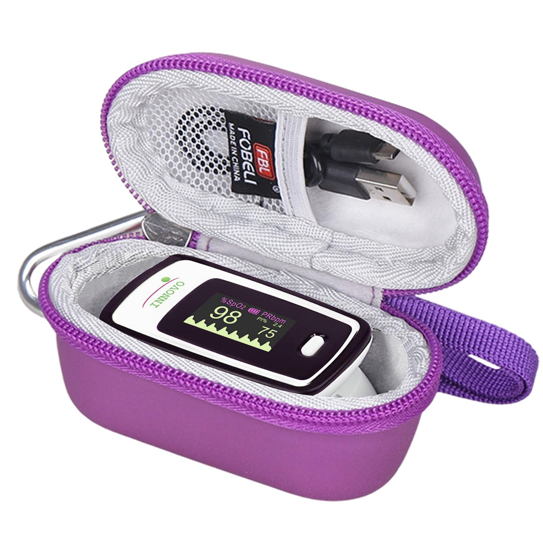 FBLFOBELI Hard Fingertip Pulse Oximeter Case, for Innovo Deluxe iP900AP/Zacurate Pro Series 500DL 500BL, for Small Children Blood Oxygen Monitor, 4.3x2.2x2.4 Inches, Case Only (Purple)