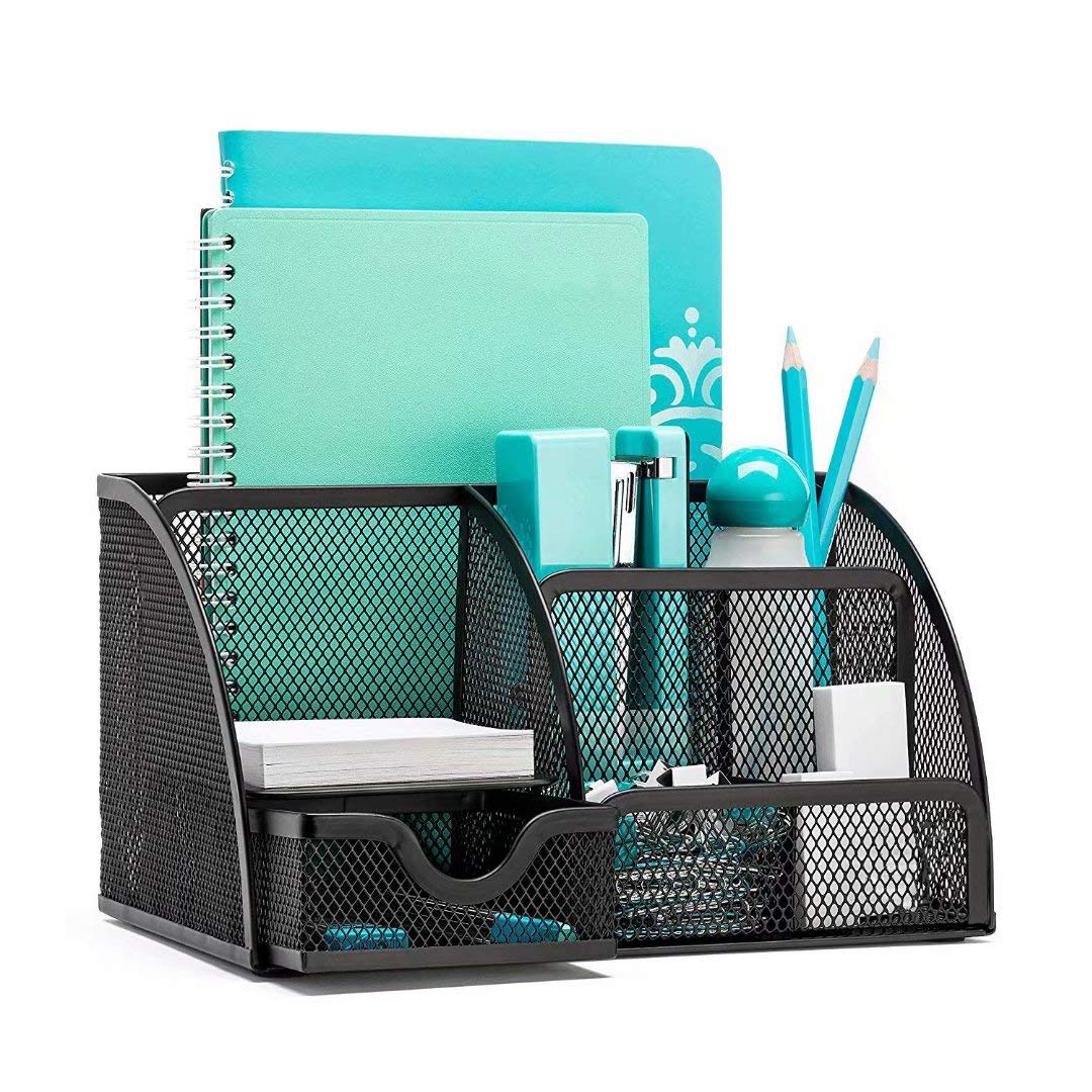 U S Multi Purpose Metal Mesh 6 Compartment Pen Stand Organizer for Office Desktop Stationary Caddy with Pull Out Drawer-Black