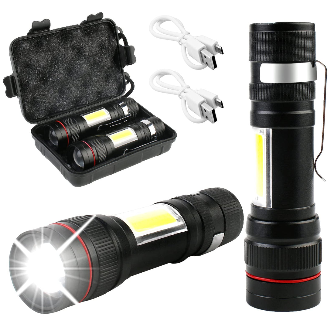 LED Torch - Pack of 2 2000 Lumen Extremely Bright COB Side Light, Mini Torch USB Rechargeable with Plastic Box, 3 Modes, Portable IPX5 Waterproof for Outdoor Camping Emergency