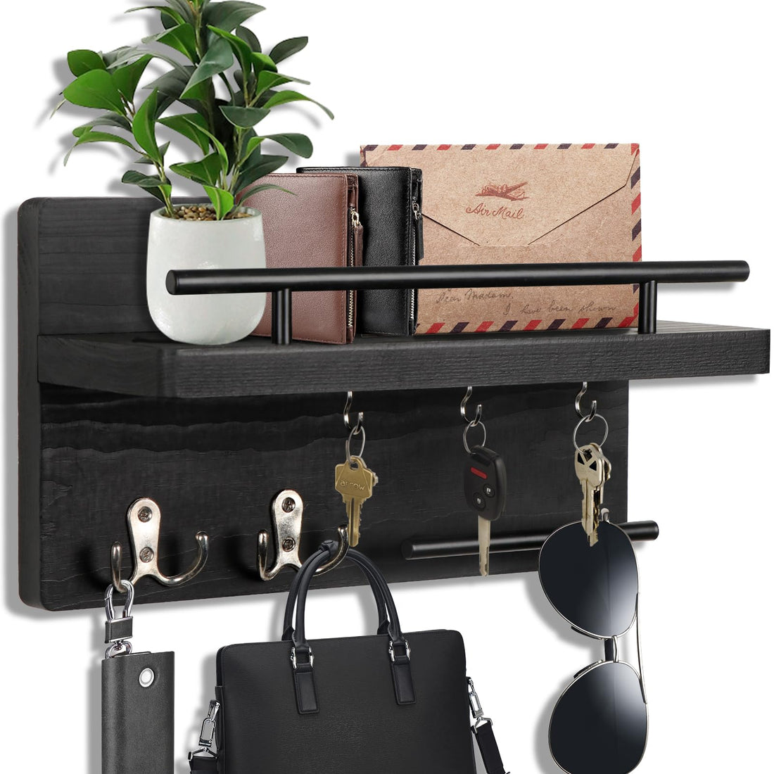 Key Holder for Wall Decorative with 5 Key Hooks, Wooden Key Mail Organizer Wall Mount, Farmhouse Key Hanger for Wall with Mail Key Rack, Rustic Entryway Hallway Home Decor (Black)