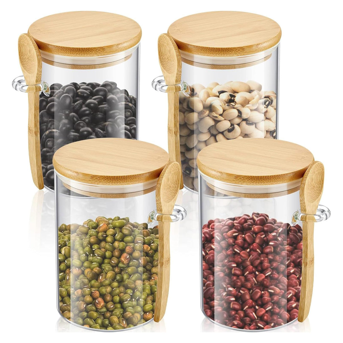 Tazweeq Glass Jar, Sugar Container Airtight Glass Jars with Bamboo Lids and Spoons, 17oz Glass Canisters with Lid, Sealed Glass Coffee Containers Food Jars Canisters for Kitchen Spice Beans, Set of 4