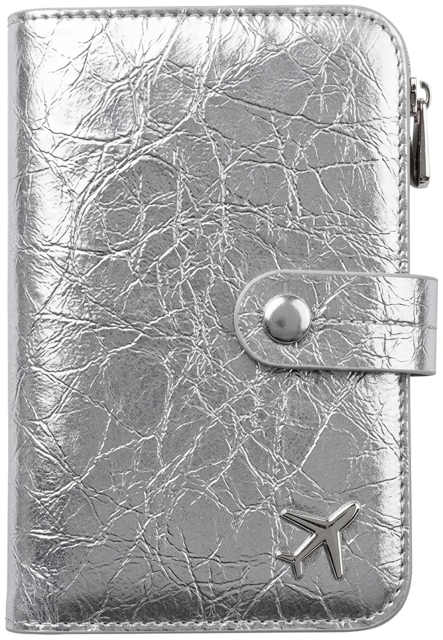 Leather Passport Holder Wallet, Zip Closure, Snap Button, Travel Organiser with Aeroplane Charm-VO-144 (Silver)